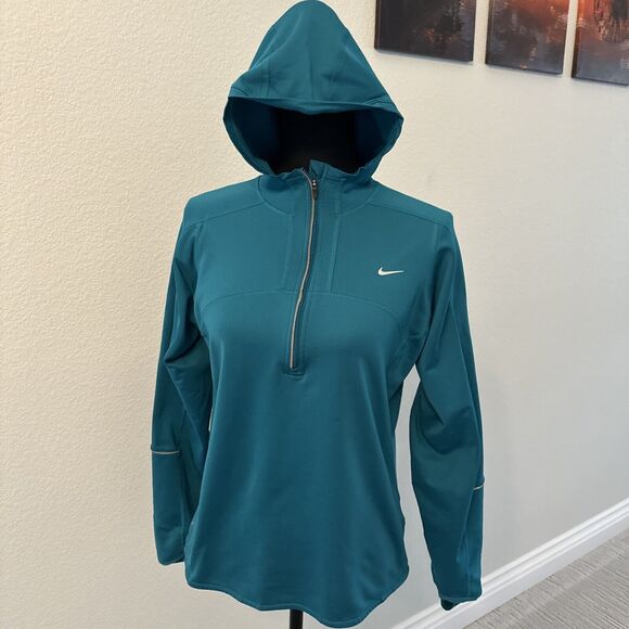 Nike Womens Size Large Running Jacket Dri-Fit Half Zipper Hooded Teal Green - Picture 1 of 11